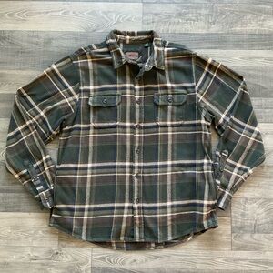 Orvis Heavyweight Flannel Shirt Jacket Shacket Mens XL Olive Tan Pockets 1312517